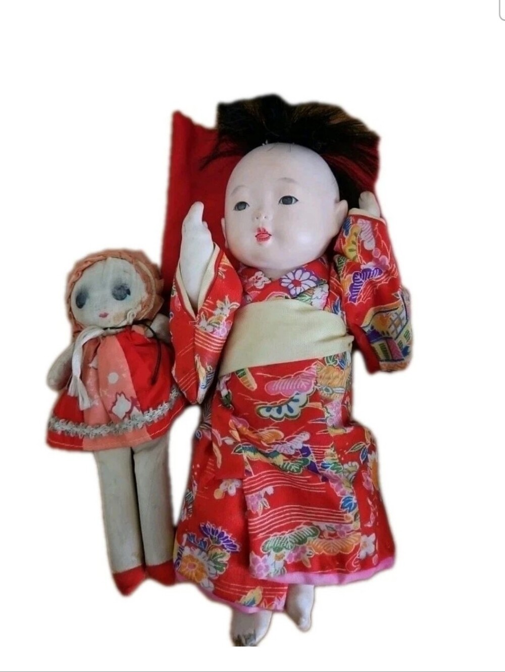 Vintage 1950's Japanese Doll And BabyJointed Movable 10 inch Porcelain Doll